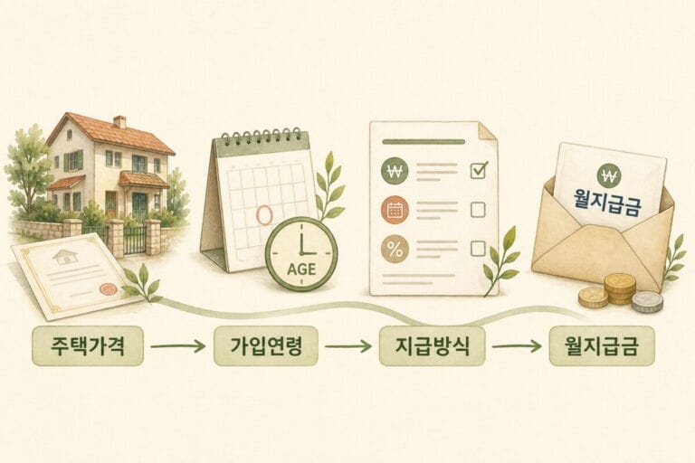 주택가격, 가입연령, 지급방식이 주택연금 월지급금에 영향을 주는 과정을 표현한 일러스트