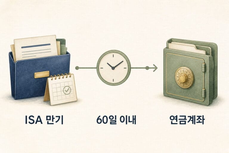 ISA 만기 자금을 60일 안에 연금계좌로 이전하는 과정을 표현한 일러스트