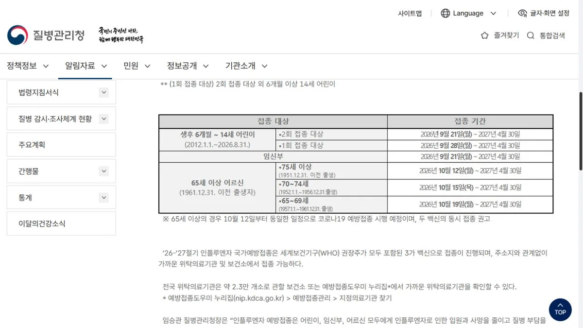 2026~2027절기 독감 무료접종 대상과 기간을 정리한 질병관리청 공식 일정표