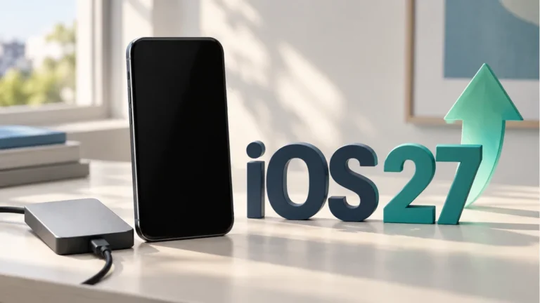 iOS 27 업데이트를 상징하는 아이폰과 상승 화살표